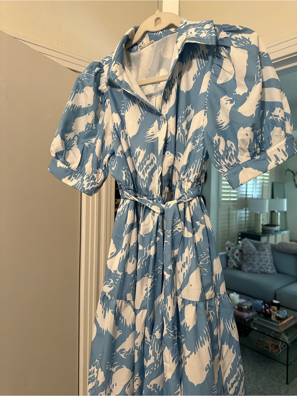 Blue and White Printed Puff-Sleeve Midi Dress